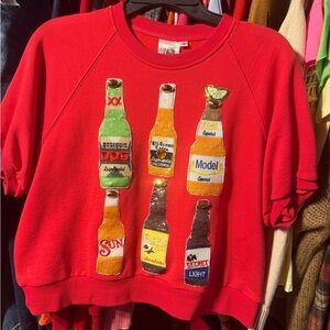 Upcycled queen of sparkles Red Short Sleeve Sweatshirt with Beer Bottle Design